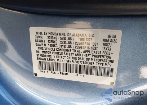 2007 Honda Odyssey Ex-L z USA, uszkodzony, nr VIN 5FNRL38677B003627